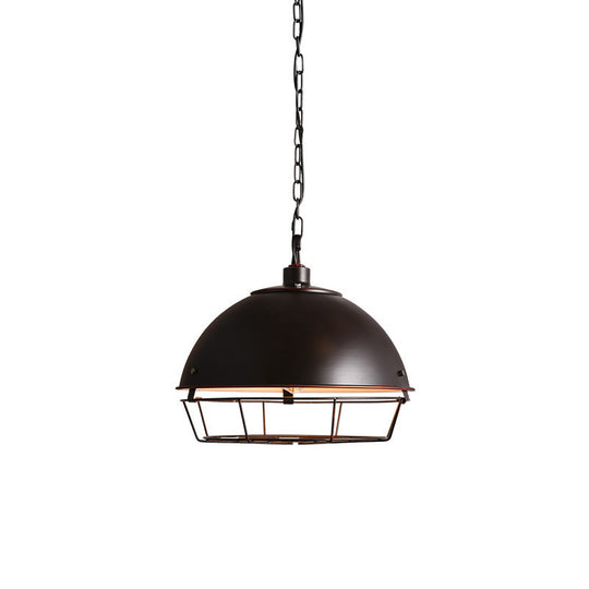 Industrial Iron Pendant Light Fixture With Aged Silver/Black Finish - Bowl Shape Hooded Cage Ideal