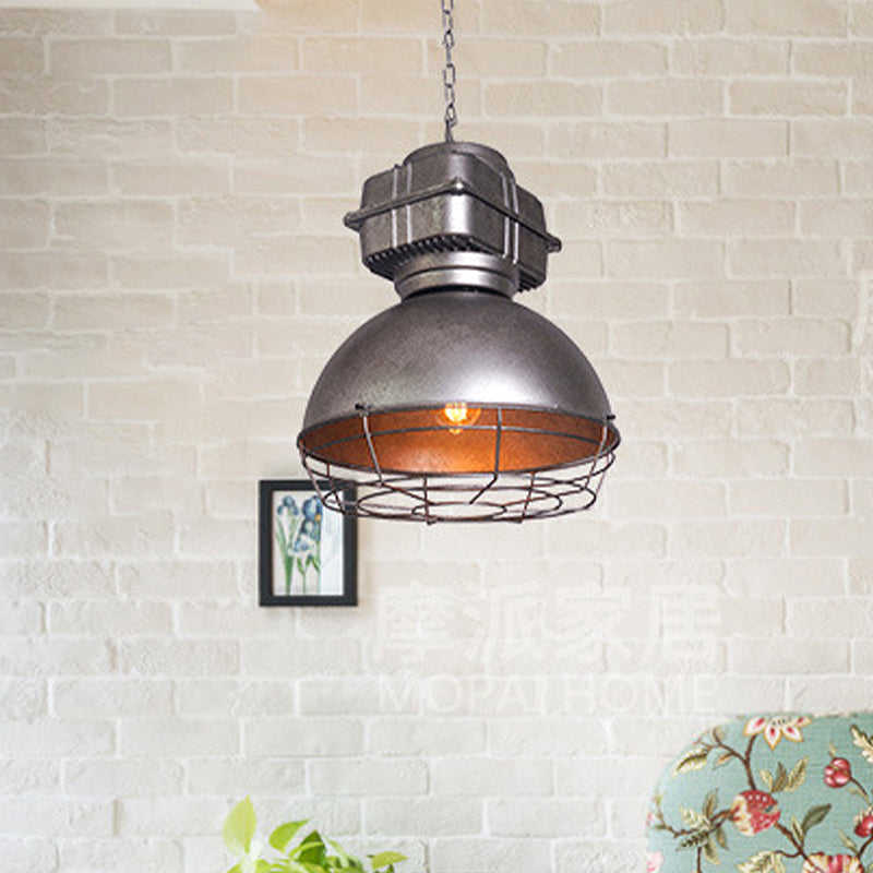 Aged Silver Bowl Pendant Light - Industrial Style Iron Ceiling Lamp With Wire Guard For Restaurants