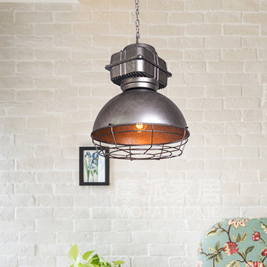 Aged Silver Bowl Pendant Light - Industrial Style Iron Ceiling Lamp With Wire Guard For Restaurants