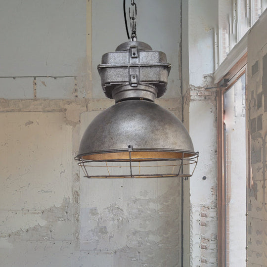 Aged Silver Bowl Pendant Light - Industrial Style Iron Ceiling Lamp With Wire Guard For Restaurants