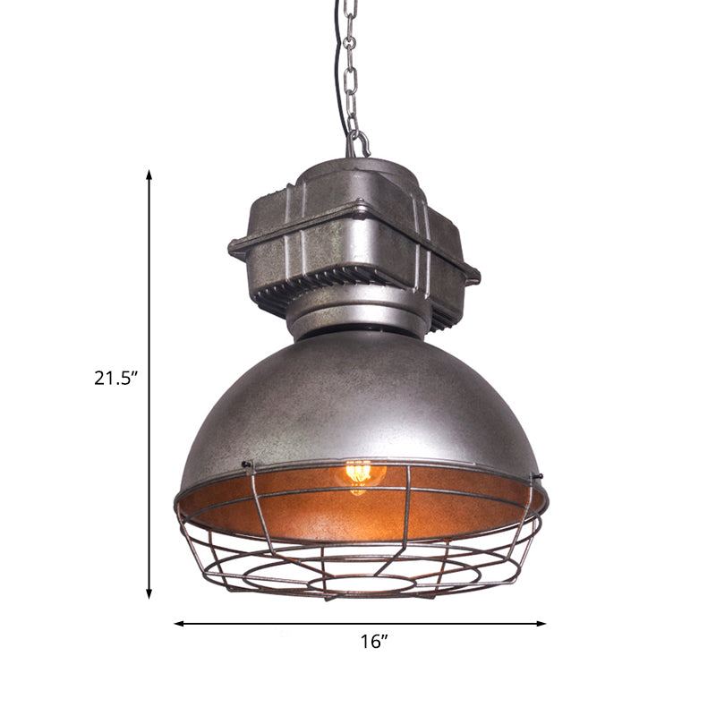 Aged Silver Bowl Pendant Light - Industrial Style Iron Ceiling Lamp With Wire Guard For Restaurants