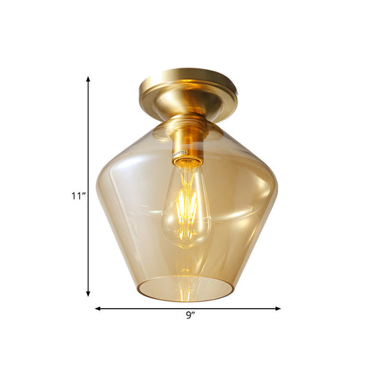 Mid Century Glamour: Cognac Glass Diamond Shaped Brass Flush Mount Ceiling Lamp - Single 9’/15’