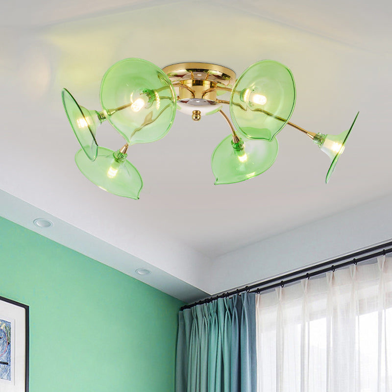 Vintage 6 - Light Ceiling Lamp With Metal Brass Branchlet Design And Flare Green/Cognac Glass Shade