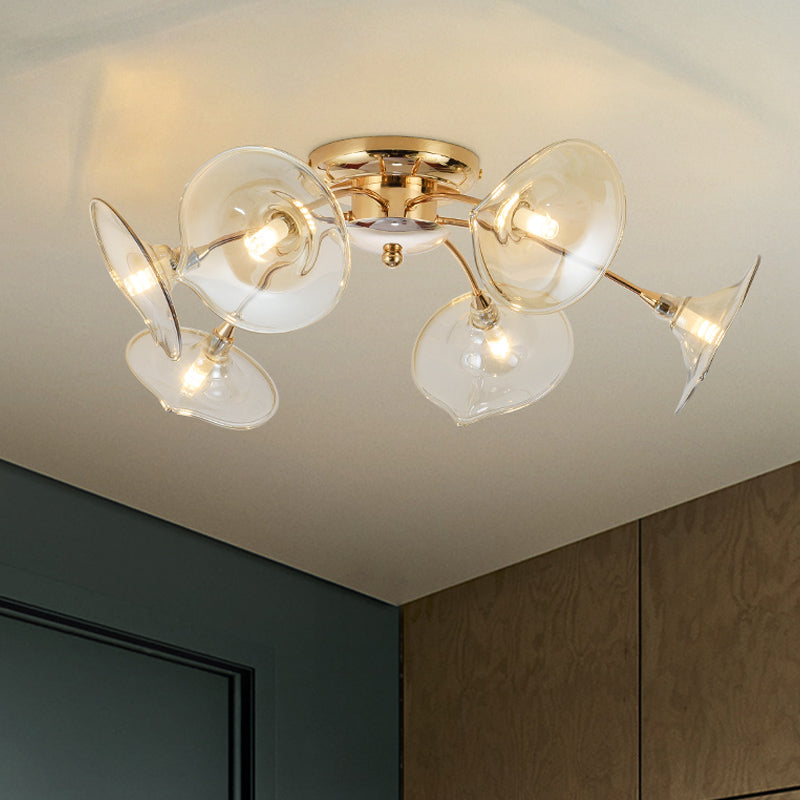 Vintage 6 - Light Ceiling Lamp With Metal Brass Branchlet Design And Flare Green/Cognac Glass Shade