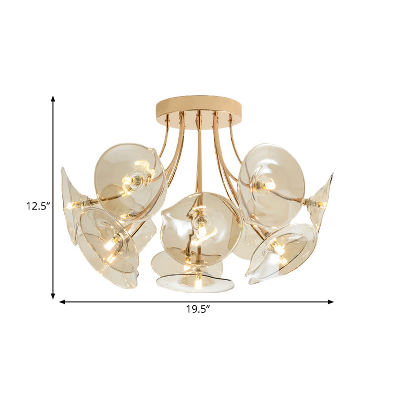 Mid - Century Wide Flare Amber Glass Semi Flush Light - Gold Finish Ceiling Fixture For Living Room