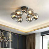 6-Head Vintage Black Semi Flush Mount Ceiling Lighting With Orb Smoke/Clear Glass Shade At 6 Heads