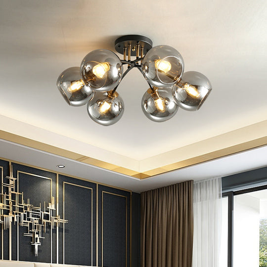 6-Head Vintage Black Semi Flush Mount Ceiling Lighting With Orb Smoke/Clear Glass Shade At 6 Heads