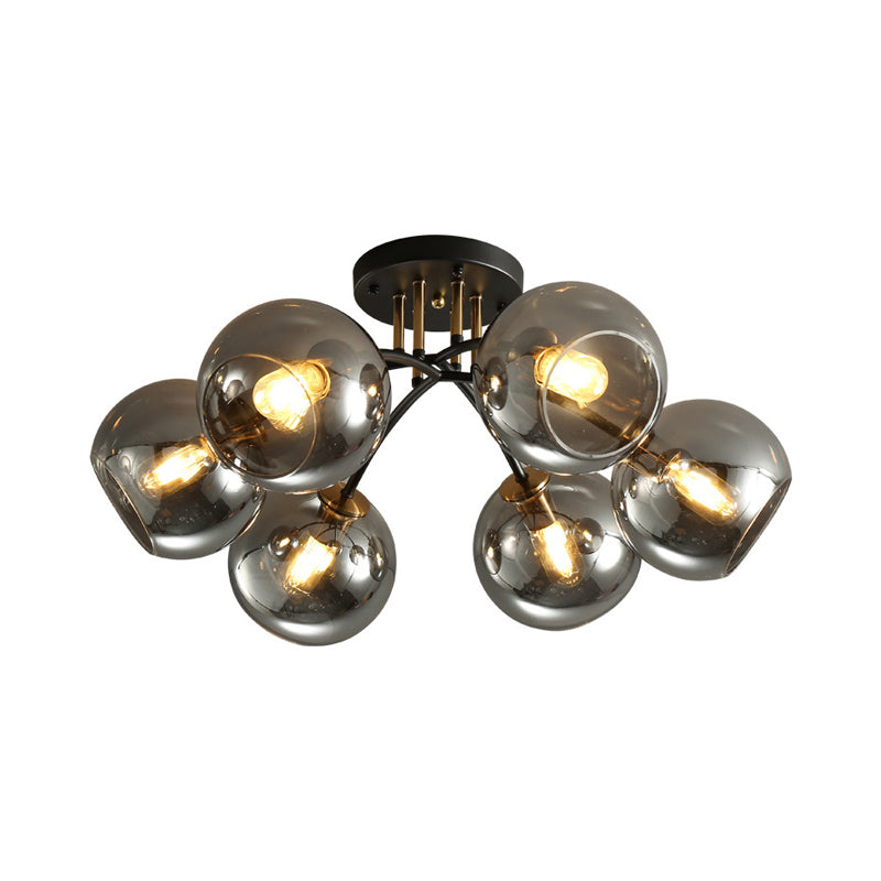 Vintage Black 6 - Head Hotel Ceiling Light With Orb Smoke/Clear Glass Shade
