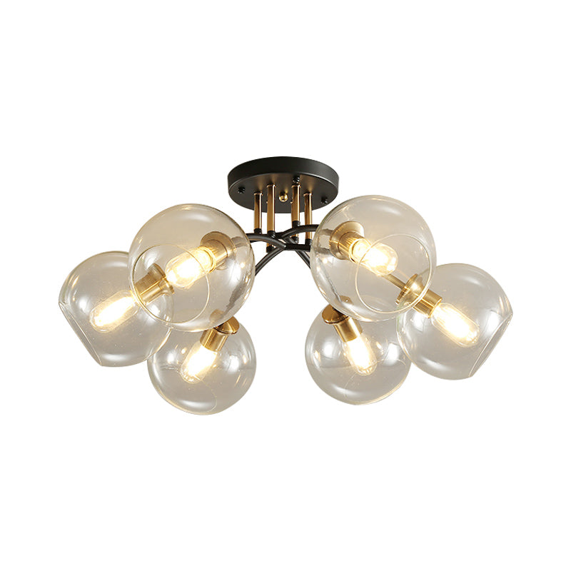 6-Head Vintage Black Semi Flush Mount Ceiling Lighting With Orb Smoke/Clear Glass Shade At 6 Heads