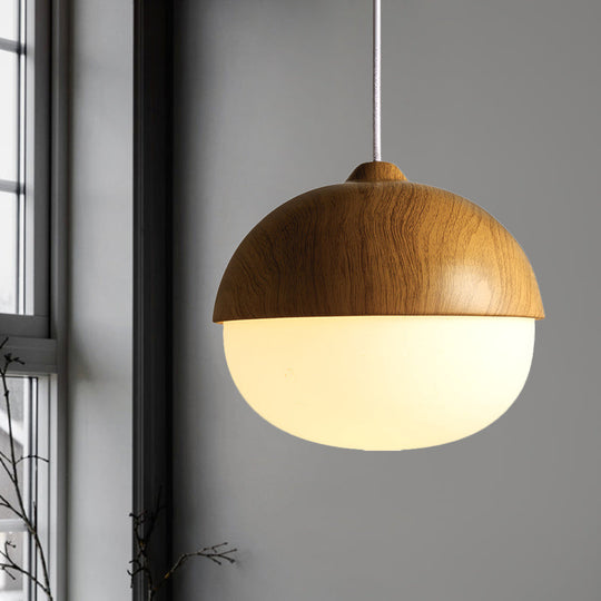 Wooden Pendant Light With Oval Ivory Glass Shade - Simple Bowl Style In Brown