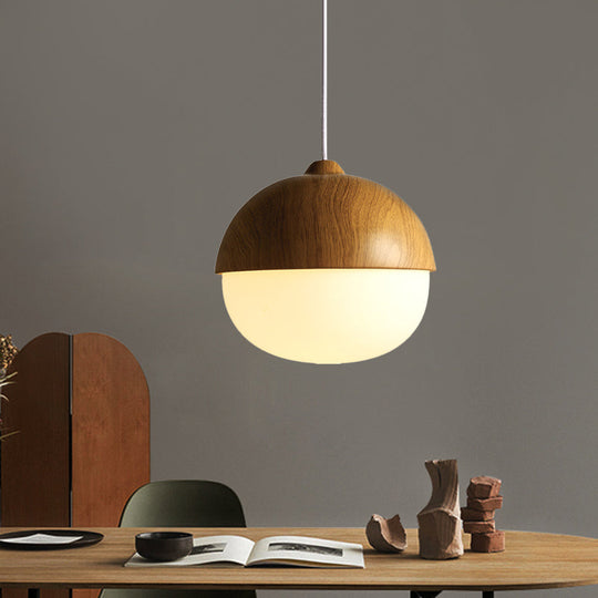 Wooden Pendant Light With Oval Ivory Glass Shade - Simple Bowl Style In Brown