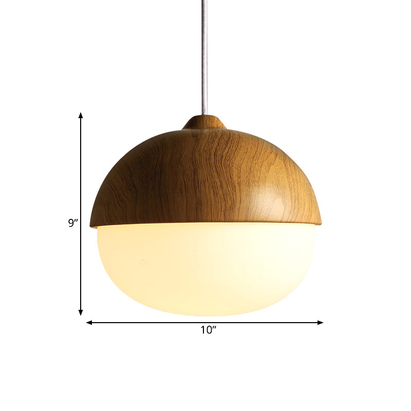 Wooden Pendant Light With Oval Ivory Glass Shade - Simple Bowl Style In Brown