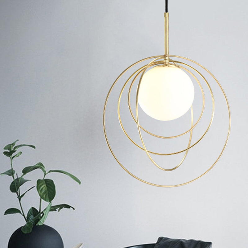 Gold Pendant Light With Opal Glass Shade - Moveable Wire Cage Pendulum