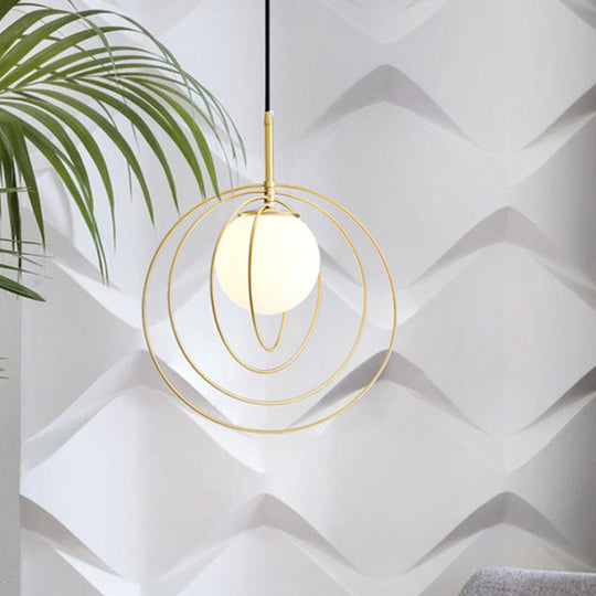 Gold Wire Cage Pendant Light With Opal Glass Shade - Moveable & Modern Design