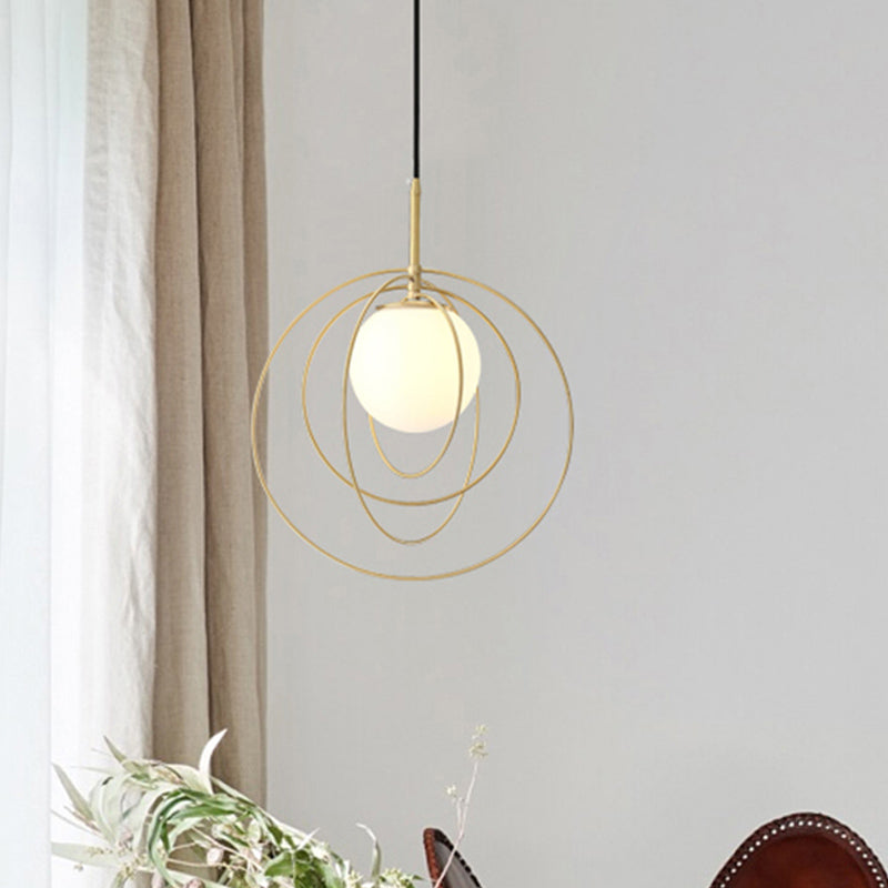 Gold Pendant Light With Opal Glass Shade - Moveable Wire Cage Pendulum