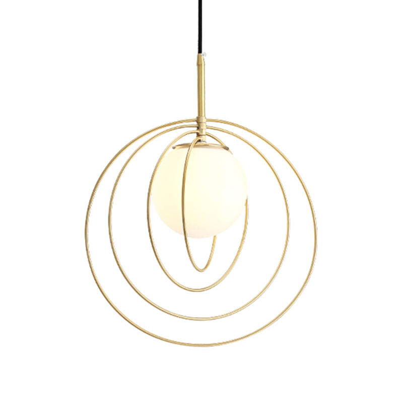Gold Wire Cage Pendant Light With Opal Glass Shade - Moveable & Modern Design