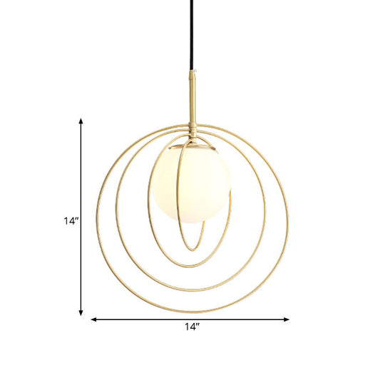 Gold Pendant Light With Opal Glass Shade - Moveable Wire Cage Pendulum