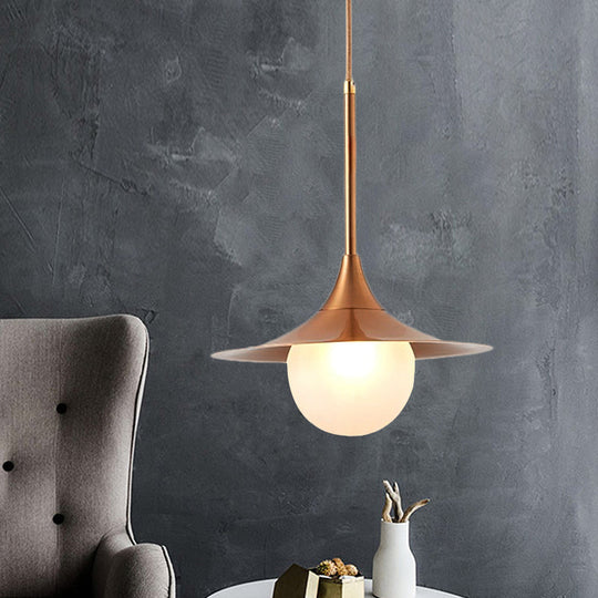 Modern Flared Pendant Light With Orb Milk Glass Insert Single Metal Hanging Fixture For Living Room