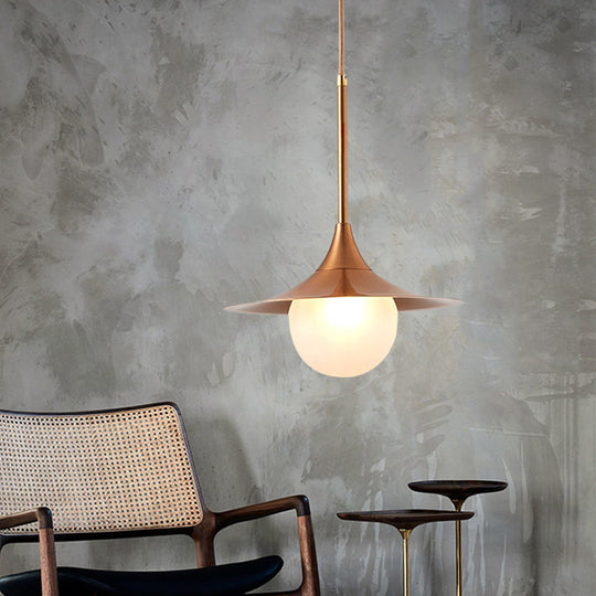 Sleek Flared Pendant Light With Orb Milk Glass Insert - Ideal For Single Living Room