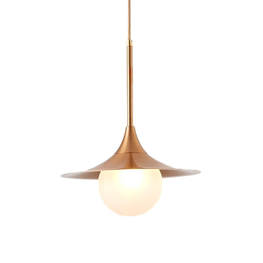 Sleek Flared Pendant Light With Orb Milk Glass Insert - Ideal For Single Living Room