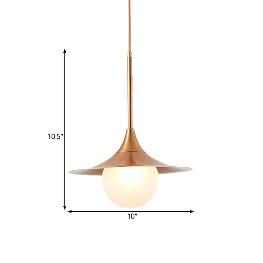 Modern Flared Pendant Light With Orb Milk Glass Insert Single Metal Hanging Fixture For Living Room