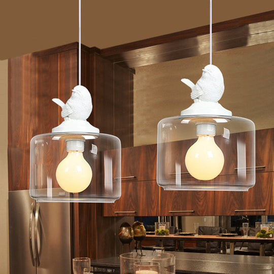 Modern Clear Glass Drum Dinette Pendant Lamp With White Bird Top - 1 Bulb Hanging Kit