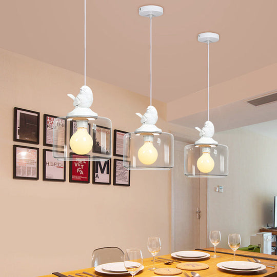 Modern Drum Shaped Dinette Pendant Lamp With Clear Glass And White Bird Top