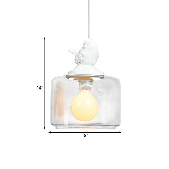 Modern Clear Glass Drum Dinette Pendant Lamp With White Bird Top - 1 Bulb Hanging Kit