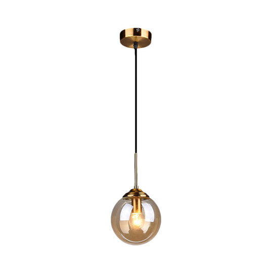 Brass Pendant Lamp With Spherical Amber/Smoke Glass Shade For Dining Room Ceiling