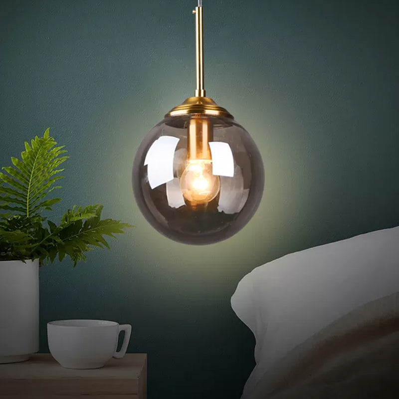 Brass Pendant Lamp With Spherical Amber/Smoke Glass Shade For Dining Room Ceiling Smoke Gray