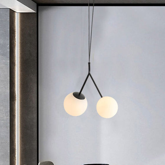 Minimalist White Glass Droplet Chandelier Pendant Light With Black Furcated Detail - 2 Lights