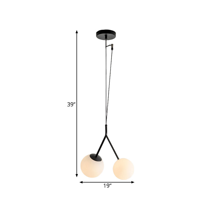 Minimalist White Glass Droplet Chandelier Pendant Light With Black Furcated Detail - 2 Lights