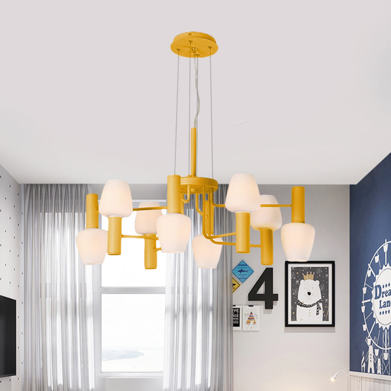 Macaron Pink/Yellow/Blue Lounge Chandelier With Milk Glass Shades - 8 Bulbs Hanging Lamp
