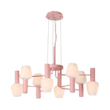 Macaron Pink/Yellow/Blue Lounge Ceiling Chandelier With 8 Bulbs And Milk Glass Up/Down Bottle Shades