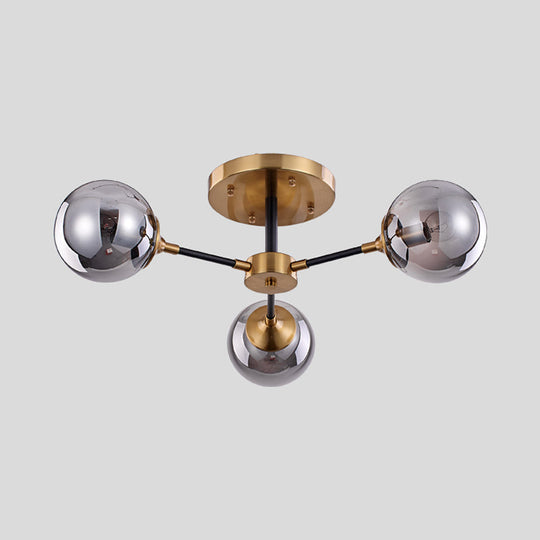 Postmodern Radial Smoke Glass Semi Flush Ceiling Chandelier - Brass & Black 3/6 Heads