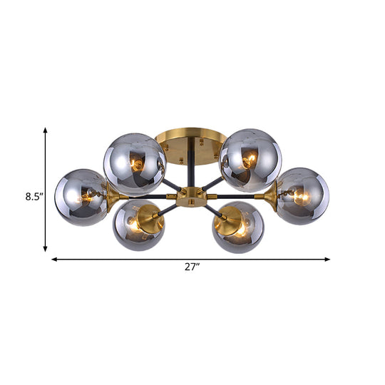 Postmodern Radial Smoke Glass Semi Flush Ceiling Chandelier - Brass & Black 3/6 Heads