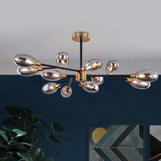 Vintage Brass Semi Mount Close To Ceiling Light With Smoke Grey Glass Shade - 12-Bulb Parlor