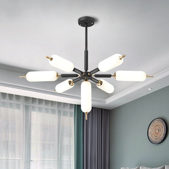 Nordic 7-Light Wooden Chandelier With Black Suspension And Matte Glass Shade