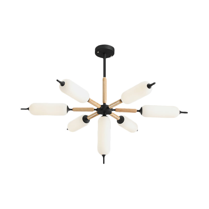 Nordic 7-Light Wooden Chandelier With Black Suspension And Matte Glass Shade