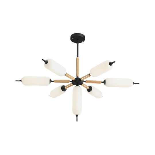 Nordic 7-Light Wooden Chandelier With Black Suspension And Matte Glass Shade