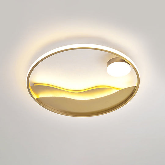 Modern Led Flush Light With Golden Sea Sunset Design - 16’/19.5’ Warm/White