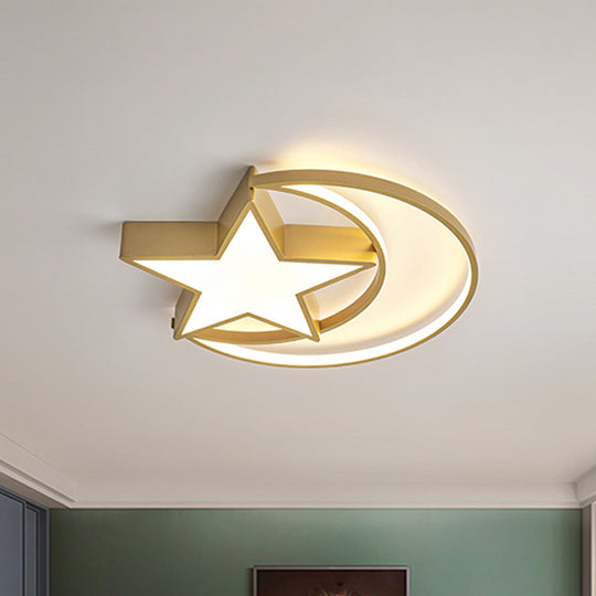 Contemporary Iron Crescent-Star Surface Ceiling Light Led Flush Mount In Gold - 16/19.5 Wide Bedroom