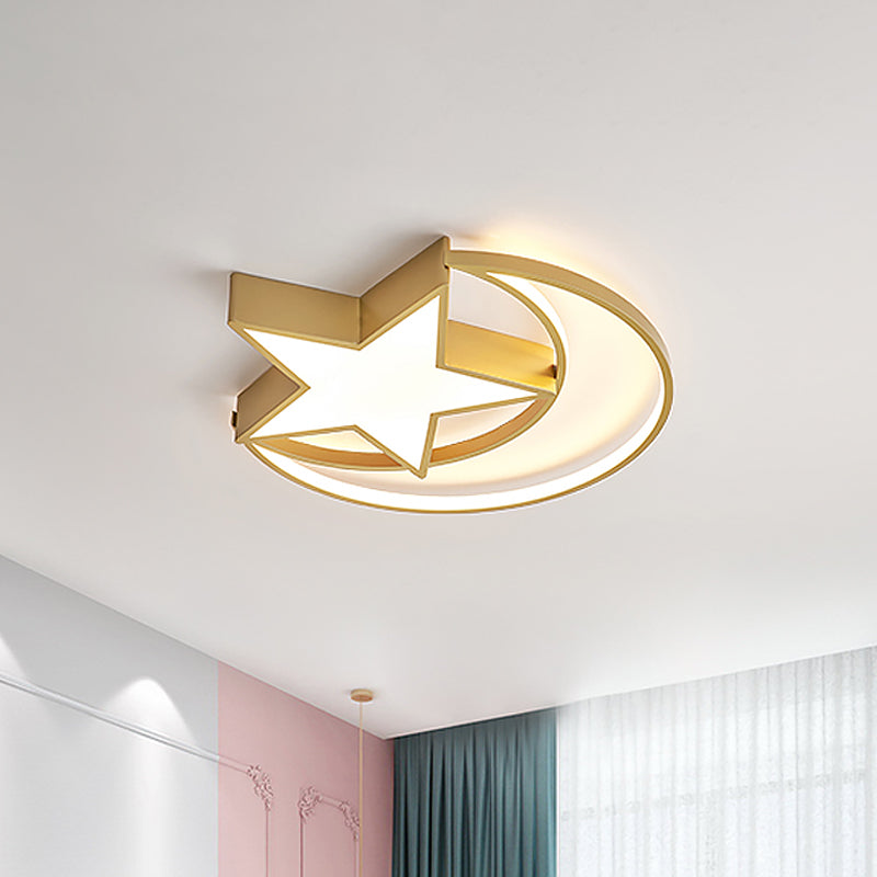 Contemporary Iron Crescent - Star Surface Ceiling Light Led Flush Mount In Gold - 16’/19.5’