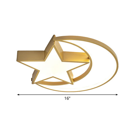 Contemporary Iron Crescent-Star Surface Ceiling Light Led Flush Mount In Gold - 16/19.5 Wide Bedroom