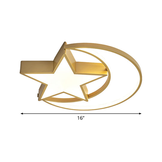 Contemporary Iron Crescent-Star Surface Ceiling Light Led Flush Mount In Gold - 16/19.5 Wide Bedroom