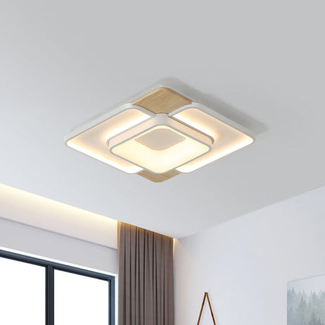 Nordic Square Flushmount Acrylic Led Ceiling Light White-Wood Finish 16/19.5 Wide Warm Or White