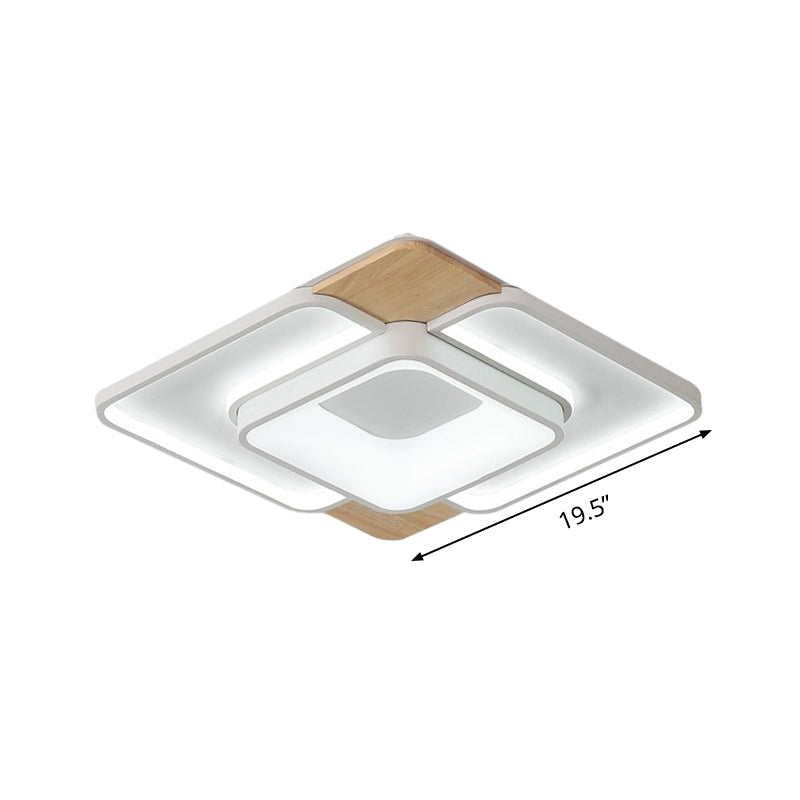 Nordic Square Flushmount Acrylic Led Ceiling Light White - Wood Finish 16’/19.5’ Wide Warm Or