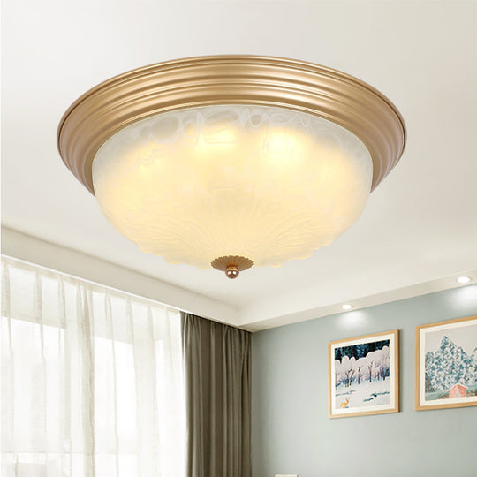 Colonial White Glass Bowl Flush Mount Ceiling Light With Gold Finish - 2/3 Heads 16/19.5 Width / 16