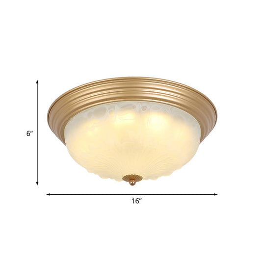 Colonial White Glass Bowl Flush Mount Ceiling Light With Gold Finish - 2/3 Heads 16’/19.5’ Width