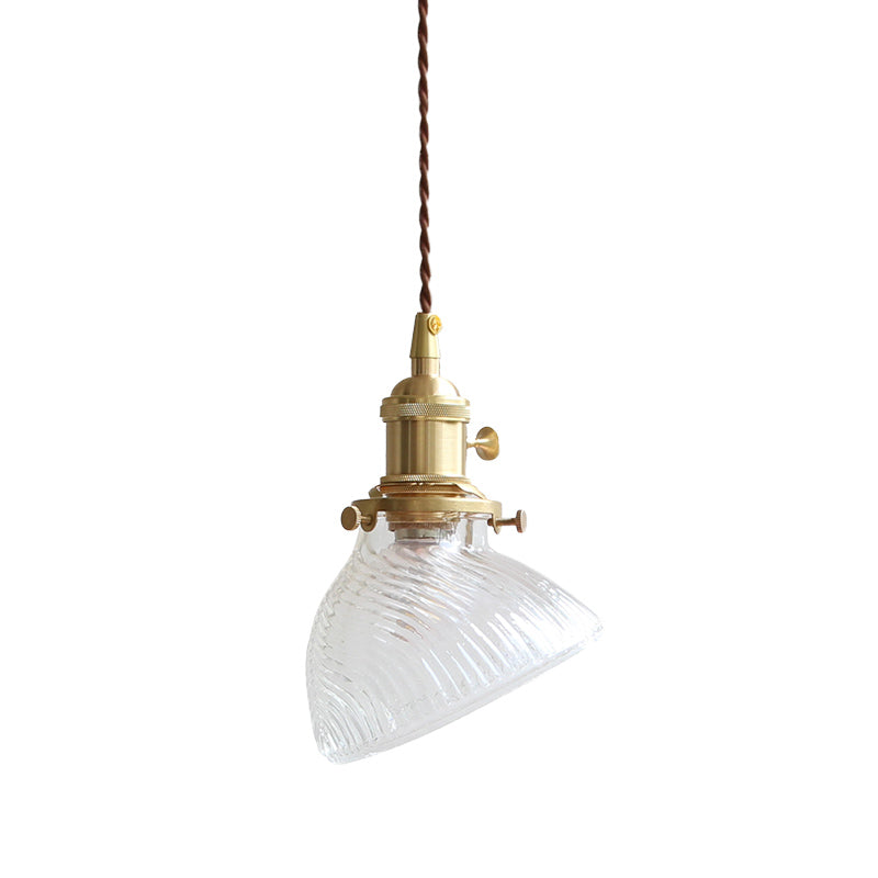 Colonial Clear/Green Prismatic Glass Hanging Lamp For Twisted Bowl Restaurant - 1-Light Brass